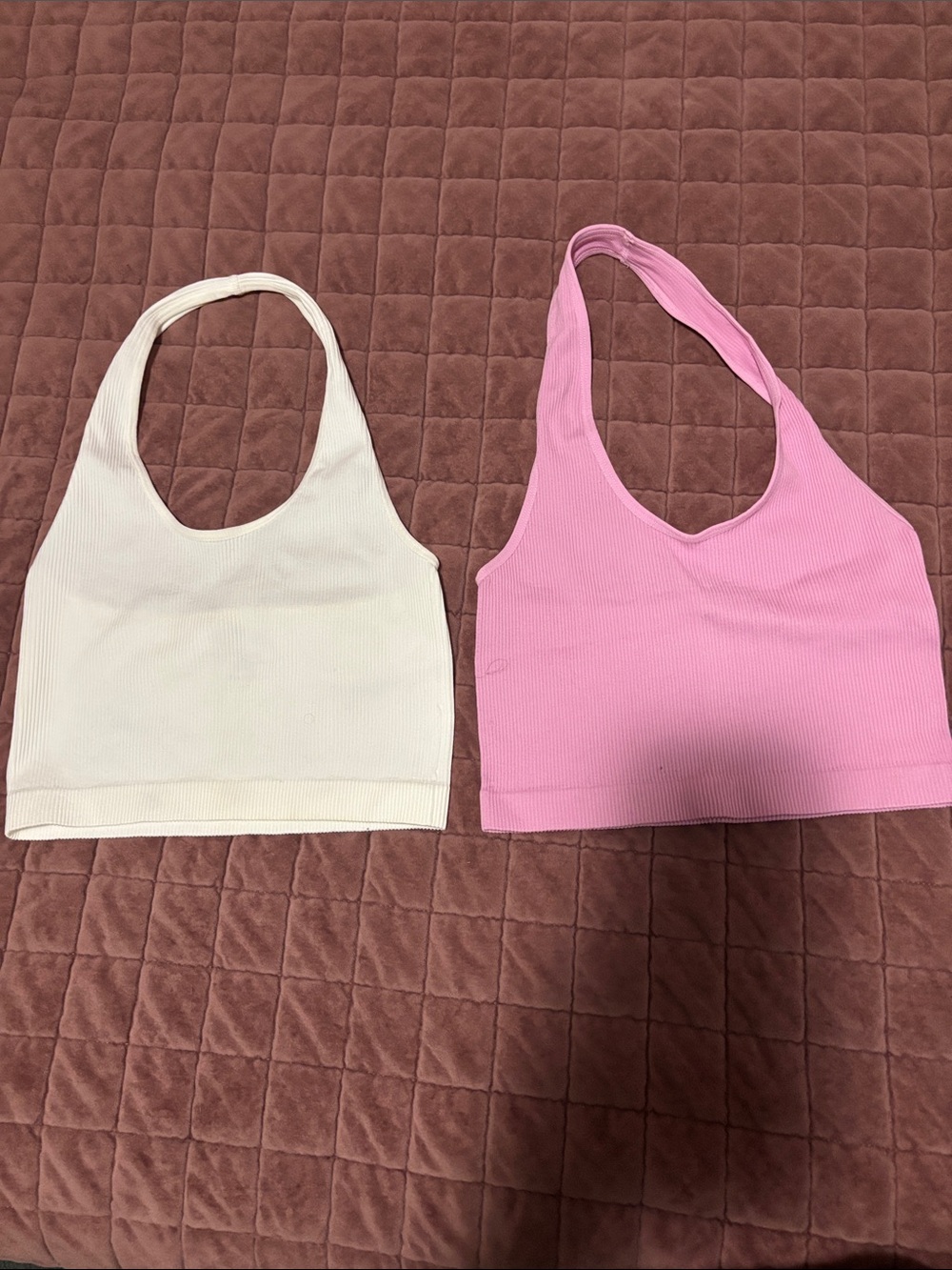 Ribbed Halter Crop Top - White & Pink